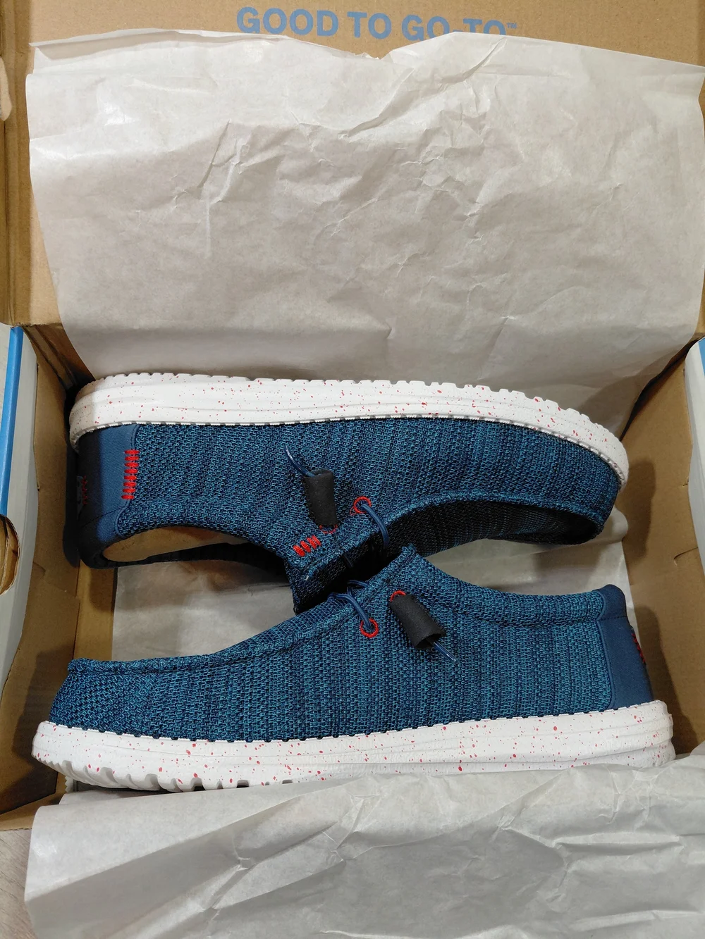 NWT Hey Dude Men's Wally Stretch Sox Slip-On Loafers in Teal Blue Red Accent M12